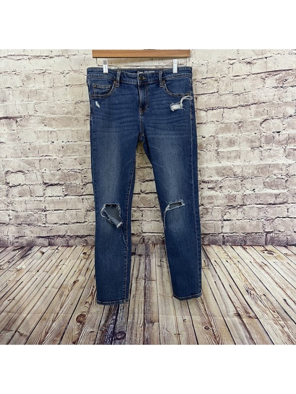 Gap Blue Girlfriend Destroyed Straight Leg Medium Wash Denim Jeans